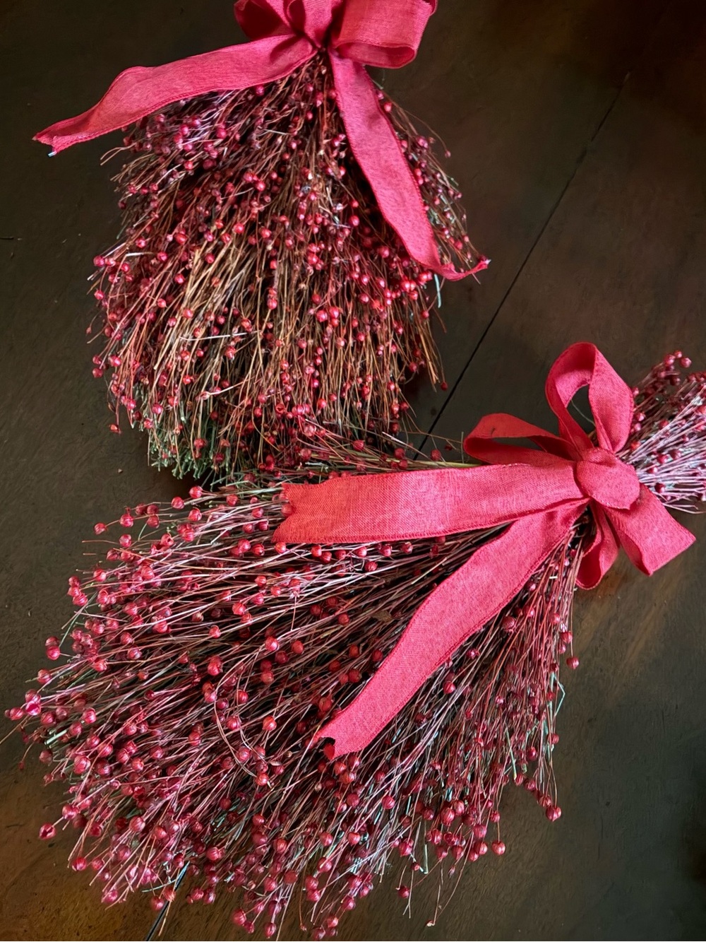 Lot of 2 Garnet Hill Red Berry Bunches with Ribbon Accents